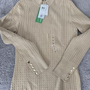 Beige Knit Sweater with Gold Button Accents